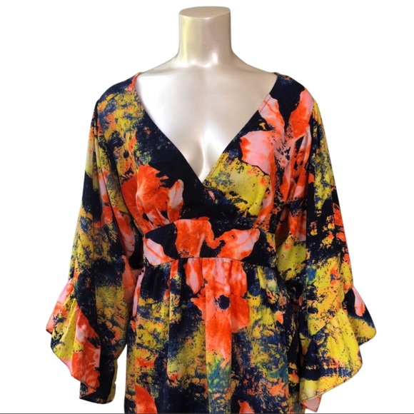Betsey Johnson Tops - Betsey Johnson colorful bell sleeve v neck blouse w sash tie XL